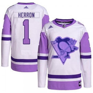 Denis Herron Pittsburgh Penguins Adidas Authentic White/Purple Hockey Fights Cancer Primegreen Jersey