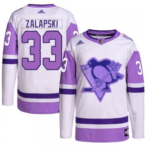 Zarley Zalapski Pittsburgh Penguins Adidas Authentic White/Purple Hockey Fights Cancer Primegreen Jersey