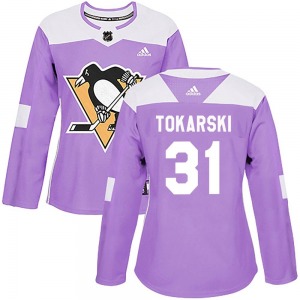Women's Dustin Tokarski Pittsburgh Penguins Adidas Authentic Purple Fights Cancer Practice Jersey