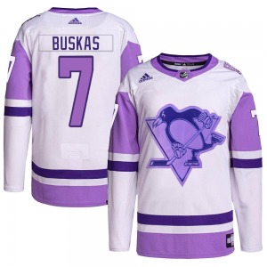 Youth Rod Buskas Pittsburgh Penguins Adidas Authentic White/Purple Hockey Fights Cancer Primegreen Jersey