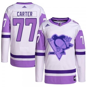 Youth Jeff Carter Pittsburgh Penguins Adidas Authentic White/Purple Hockey Fights Cancer Primegreen Jersey