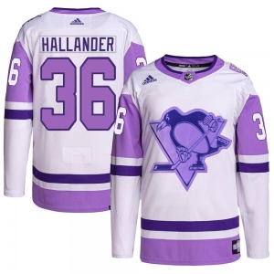 Youth Filip Hallander Pittsburgh Penguins Adidas Authentic White/Purple Hockey Fights Cancer Primegreen Jersey