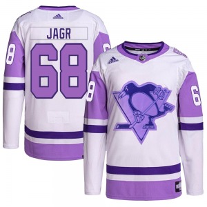 Youth Jaromir Jagr Pittsburgh Penguins Adidas Authentic White/Purple Hockey Fights Cancer Primegreen Jersey