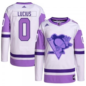 Youth Cruz Lucius Pittsburgh Penguins Adidas Authentic White/Purple Hockey Fights Cancer Primegreen Jersey