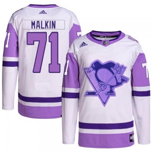 Youth Evgeni Malkin Pittsburgh Penguins Adidas Authentic White/Purple Hockey Fights Cancer Primegreen Jersey