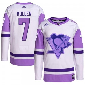 Youth Joe Mullen Pittsburgh Penguins Adidas Authentic White/Purple Hockey Fights Cancer Primegreen Jersey