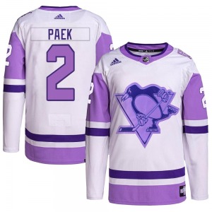 Youth Jim Paek Pittsburgh Penguins Adidas Authentic White/Purple Hockey Fights Cancer Primegreen Jersey