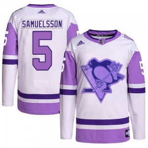 Youth Ulf Samuelsson Pittsburgh Penguins Adidas Authentic White/Purple Hockey Fights Cancer Primegreen Jersey