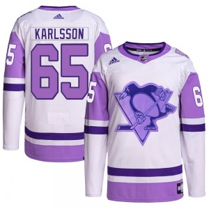 Erik Karlsson Pittsburgh Penguins Adidas Authentic White/Purple Hockey Fights Cancer Primegreen Jersey
