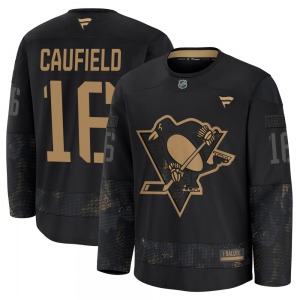 Youth Jay Caufield Pittsburgh Penguins Fanatics Premium Black 2024 Military Appreciation Practice Jersey