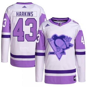 Youth Jansen Harkins Pittsburgh Penguins Adidas Authentic White/Purple Hockey Fights Cancer Primegreen Jersey